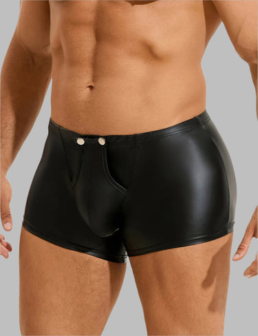 a man wearing a black leather boxer shorts